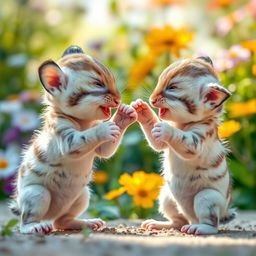 Two adorable baby animals playfully engaged in a light-hearted fight, their tiny paws playfully swatting at each other, with expressions of joy and curiosity on their faces
