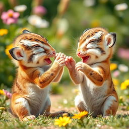 Two adorable baby animals playfully engaged in a light-hearted fight, their tiny paws playfully swatting at each other, with expressions of joy and curiosity on their faces