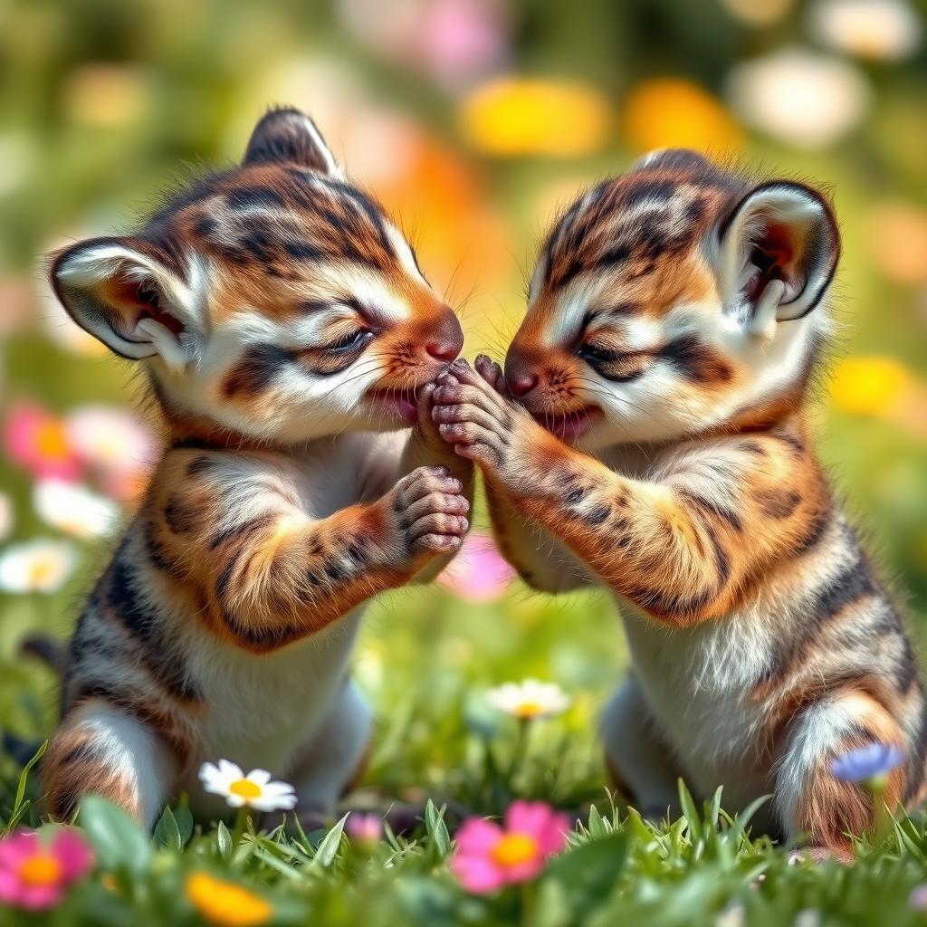 Two adorable baby animals playfully engaged in a light-hearted fight, their tiny paws playfully swatting at each other, with expressions of joy and curiosity on their faces