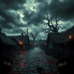 A haunting medieval village scene, depicting an eerie atmosphere