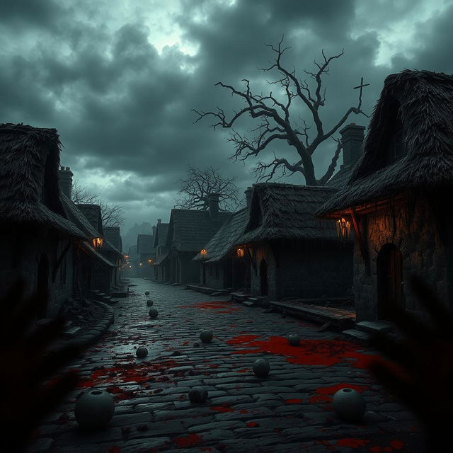 A haunting medieval village scene, depicting an eerie atmosphere