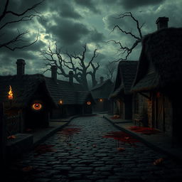 A haunting medieval village scene, depicting an eerie atmosphere