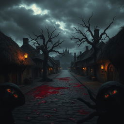 A haunting medieval village scene, depicting an eerie atmosphere