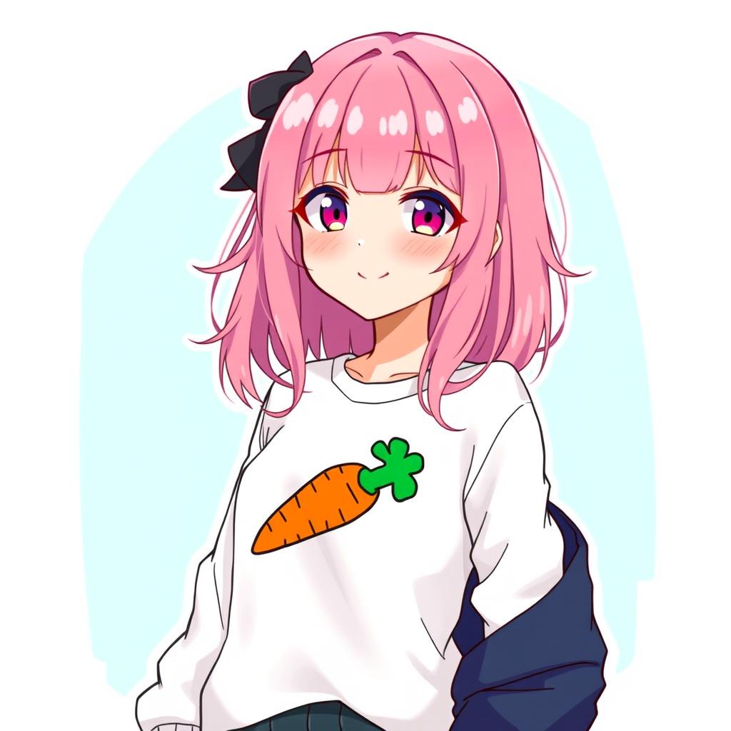 A fanart illustration of a girl with pink hair, wearing a white shirt decorated with a carrot graphic