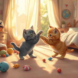 A whimsical scene depicting two adorable, playful kittens playfully wrestling in a cozy bedroom