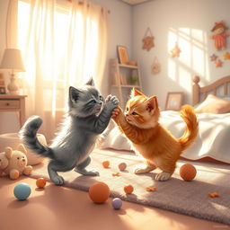 A whimsical scene depicting two adorable, playful kittens playfully wrestling in a cozy bedroom