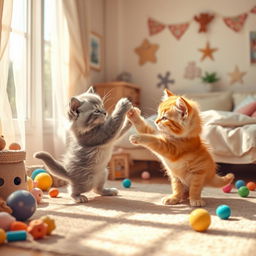A whimsical scene depicting two adorable, playful kittens playfully wrestling in a cozy bedroom