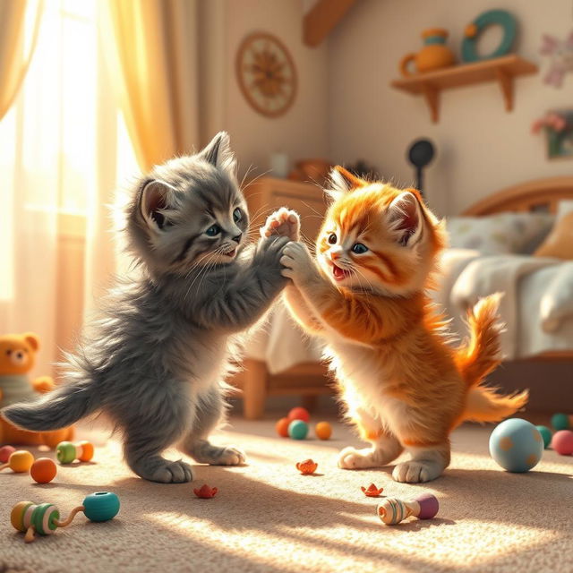 A whimsical scene depicting two adorable, playful kittens playfully wrestling in a cozy bedroom