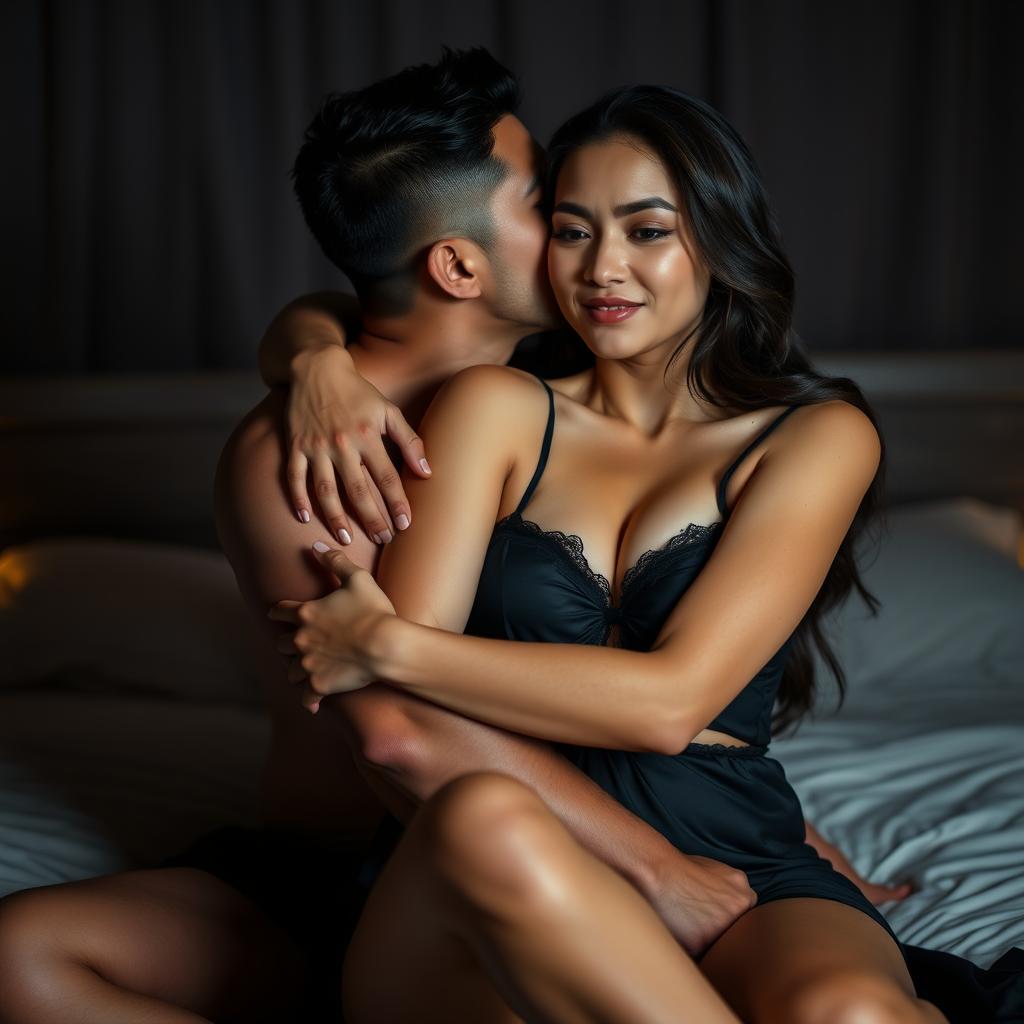 A 39-year-old Indonesian man with an athletic build and handsome features, displaying pure white skin