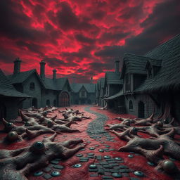 A surreal medieval village scene where the ground, walls, and structures are grotesquely covered in flesh, with random human eyes embedded throughout the flesh