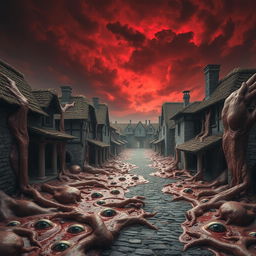 A surreal medieval village scene where the ground, walls, and structures are grotesquely covered in flesh, with random human eyes embedded throughout the flesh