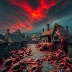 A surreal medieval village scene where the ground, walls, and structures are grotesquely covered in flesh, with random human eyes embedded throughout the flesh