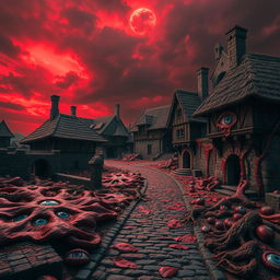 A surreal medieval village scene where the ground, walls, and structures are grotesquely covered in flesh, with random human eyes embedded throughout the flesh
