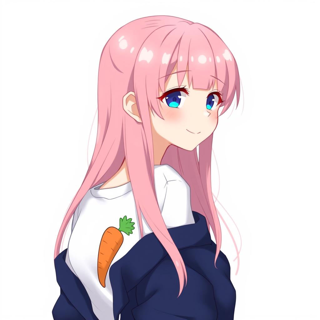 A fanart image of a girl with long pink hair, wearing a white shirt featuring a carrot graphic