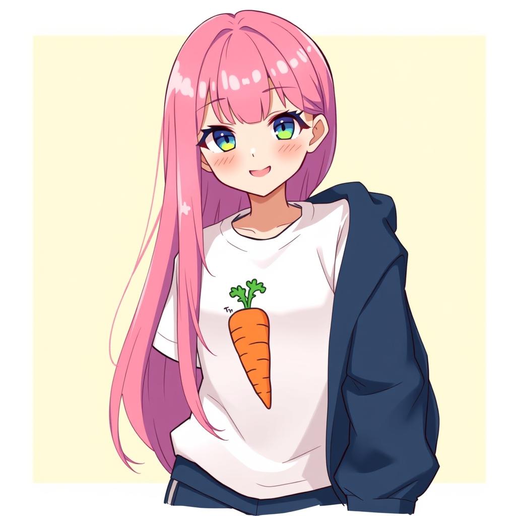 Fanart of a girl with long pink hair, wearing a white shirt featuring a carrot graphic, and a dark blue long-sleeved jacket on one side