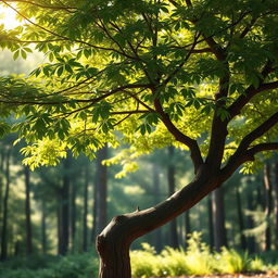 a beautifully detailed tree in a serene forest scene, with lush green leaves and a sturdy trunk, background filled with soft sunlight filtering through the branches, a gentle breeze rustling the leaves, creating a peaceful and inviting atmosphere