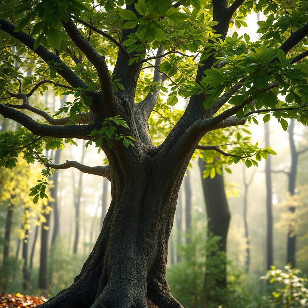 a beautifully detailed tree in a serene forest scene, with lush green leaves and a sturdy trunk, background filled with soft sunlight filtering through the branches, a gentle breeze rustling the leaves, creating a peaceful and inviting atmosphere