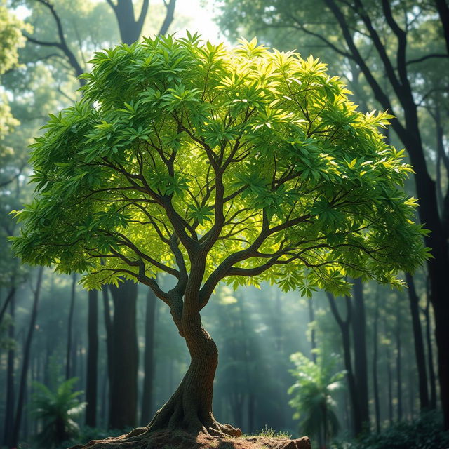 a beautifully detailed tree in a serene forest scene, with lush green leaves and a sturdy trunk, background filled with soft sunlight filtering through the branches, a gentle breeze rustling the leaves, creating a peaceful and inviting atmosphere