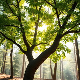 a beautifully detailed tree in a serene forest scene, with lush green leaves and a sturdy trunk, background filled with soft sunlight filtering through the branches, a gentle breeze rustling the leaves, creating a peaceful and inviting atmosphere