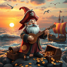 A whimsical scene featuring a pirate gnome bard, wearing a colorful pirate outfit adorned with patches, a tri-corner hat, and a long, flowing coat