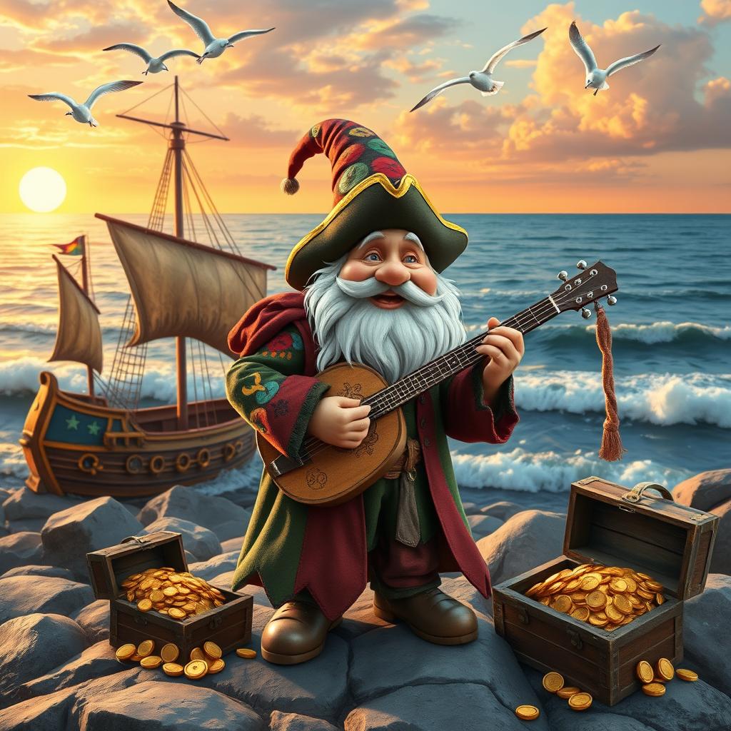 A whimsical scene featuring a pirate gnome bard, wearing a colorful pirate outfit adorned with patches, a tri-corner hat, and a long, flowing coat
