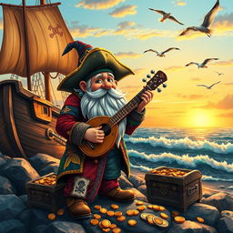 A whimsical scene featuring a pirate gnome bard, wearing a colorful pirate outfit adorned with patches, a tri-corner hat, and a long, flowing coat