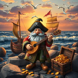 A whimsical scene featuring a pirate gnome bard, wearing a colorful pirate outfit adorned with patches, a tri-corner hat, and a long, flowing coat