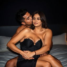 A 39-year-old Indonesian man with an athletic body and handsome features, embracing a beautiful 25-year-old woman with a sturdy and sexy figure from behind