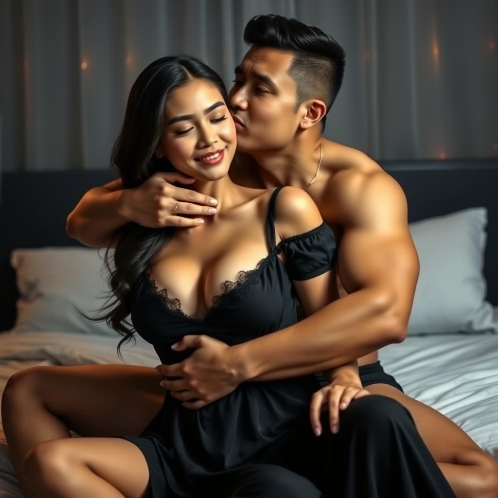 A 39-year-old Indonesian man with an athletic body and handsome features, embracing a beautiful 25-year-old woman with a sturdy and sexy figure from behind