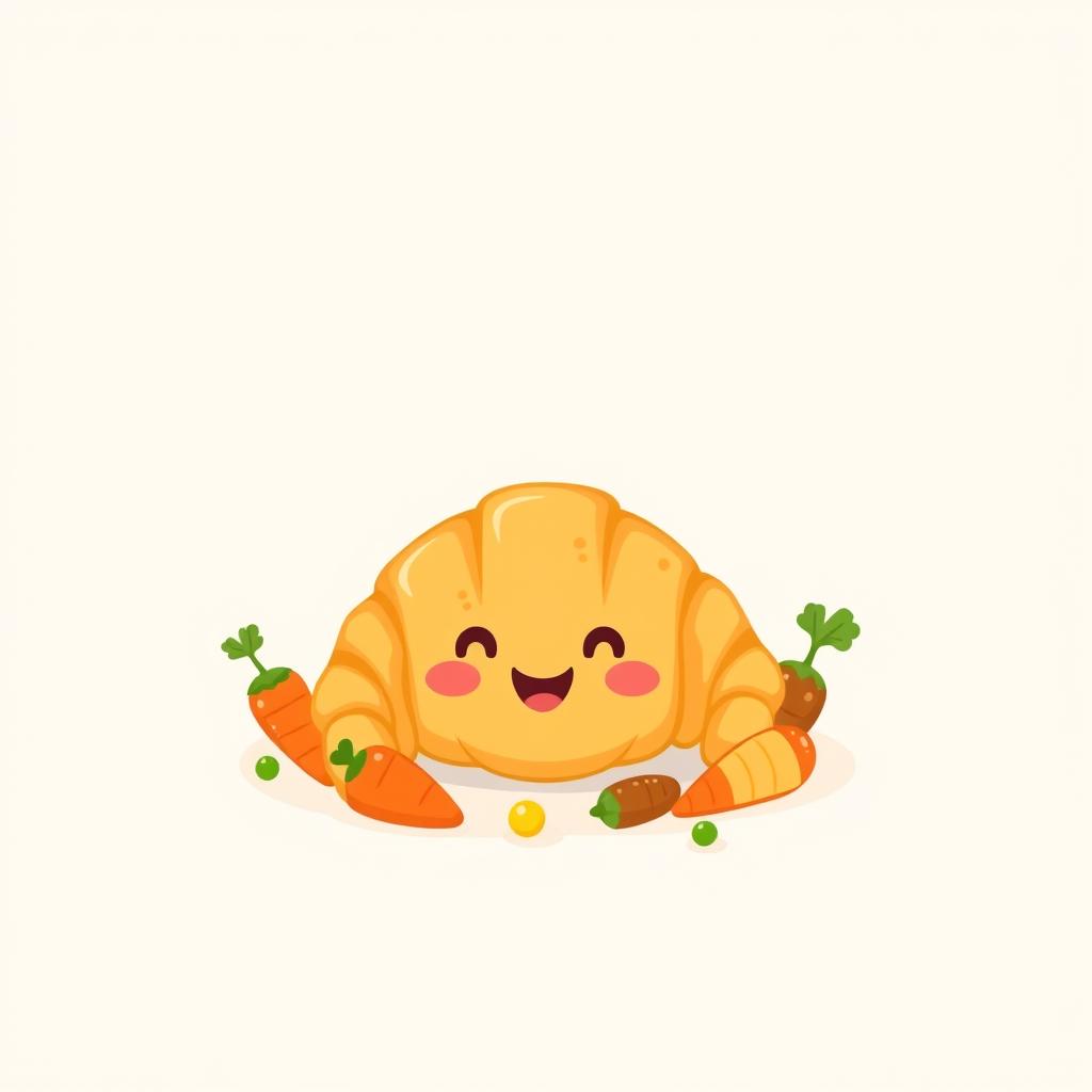A cute vector illustration of a potato croissant, featuring a whimsical design with a smiling face on the croissant
