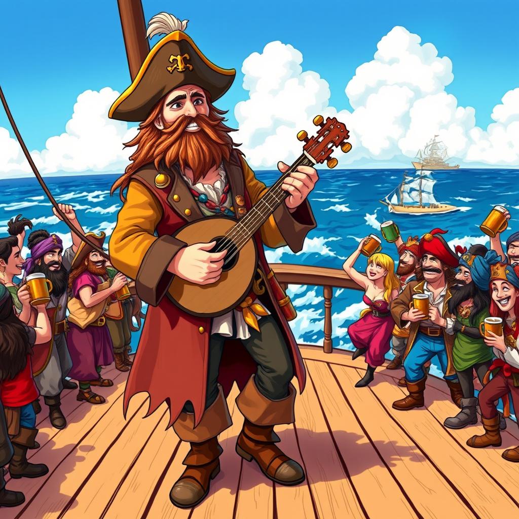 A rugged pirate bard standing on a wooden ship deck, strumming a lute, dressed in a tattered yet colorful pirate outfit with a tricorn hat adorned with feathers, a long coat with gold accents, and leather boots