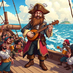 A rugged pirate bard standing on a wooden ship deck, strumming a lute, dressed in a tattered yet colorful pirate outfit with a tricorn hat adorned with feathers, a long coat with gold accents, and leather boots