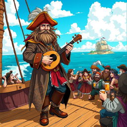 A rugged pirate bard standing on a wooden ship deck, strumming a lute, dressed in a tattered yet colorful pirate outfit with a tricorn hat adorned with feathers, a long coat with gold accents, and leather boots