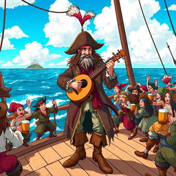 A rugged pirate bard standing on a wooden ship deck, strumming a lute, dressed in a tattered yet colorful pirate outfit with a tricorn hat adorned with feathers, a long coat with gold accents, and leather boots