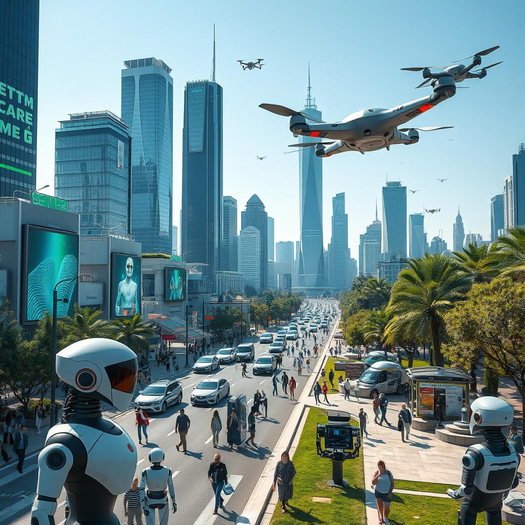A futuristic cityscape bustling with life, featuring advanced AI robots of various designs interacting with humans in an urban environment