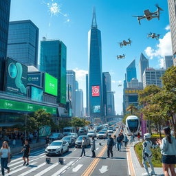 A futuristic cityscape bustling with life, featuring advanced AI robots of various designs interacting with humans in an urban environment