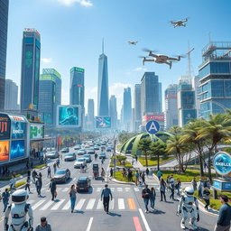 A futuristic cityscape bustling with life, featuring advanced AI robots of various designs interacting with humans in an urban environment