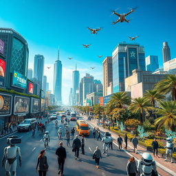 A futuristic cityscape bustling with life, featuring advanced AI robots of various designs interacting with humans in an urban environment