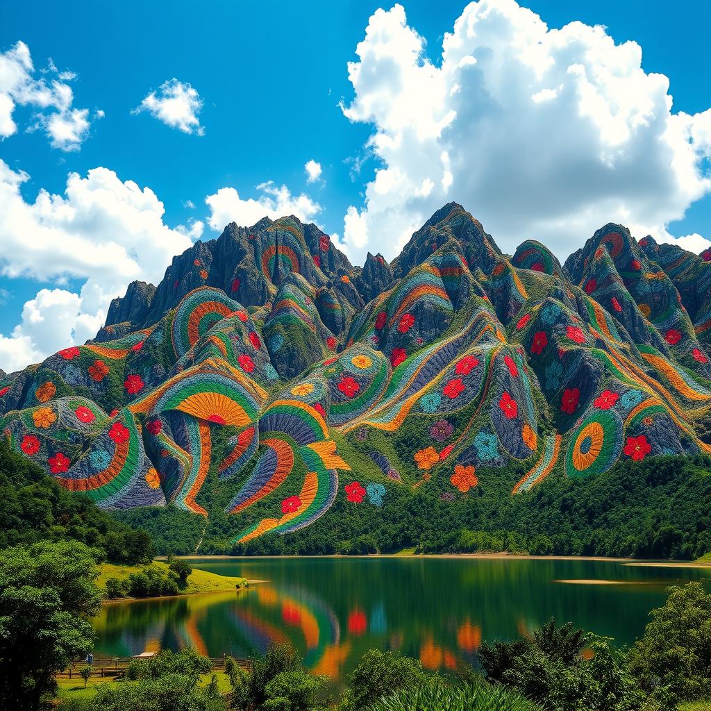 A stunning mountain landscape intricately designed with Megamendung batik patterns, showcasing vibrant colors and dynamic lines that seamlessly blend with the natural contours of the mountains