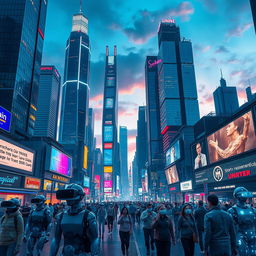 A stunning futuristic cityscape filled with towering skyscrapers made of glass and chrome, shimmering in vibrant neon lights under a twilight sky