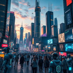 A stunning futuristic cityscape filled with towering skyscrapers made of glass and chrome, shimmering in vibrant neon lights under a twilight sky