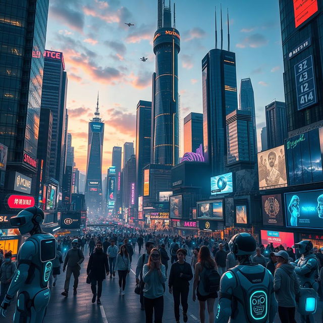 A stunning futuristic cityscape filled with towering skyscrapers made of glass and chrome, shimmering in vibrant neon lights under a twilight sky