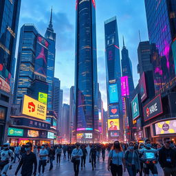 A stunning futuristic cityscape filled with towering skyscrapers made of glass and chrome, shimmering in vibrant neon lights under a twilight sky