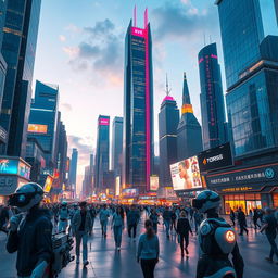 A stunning futuristic cityscape filled with towering skyscrapers made of glass and chrome, shimmering in vibrant neon lights under a twilight sky