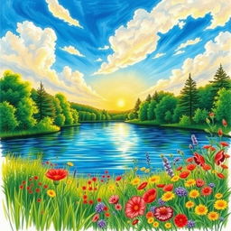 A beautifully colored sketch of a serene landscape featuring a tranquil lake surrounded by lush green trees, vibrant wildflowers, and a bright blue sky filled with fluffy white clouds