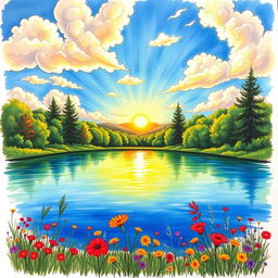 A beautifully colored sketch of a serene landscape featuring a tranquil lake surrounded by lush green trees, vibrant wildflowers, and a bright blue sky filled with fluffy white clouds