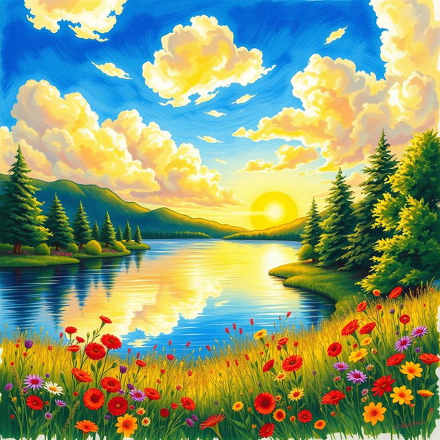 A beautifully colored sketch of a serene landscape featuring a tranquil lake surrounded by lush green trees, vibrant wildflowers, and a bright blue sky filled with fluffy white clouds