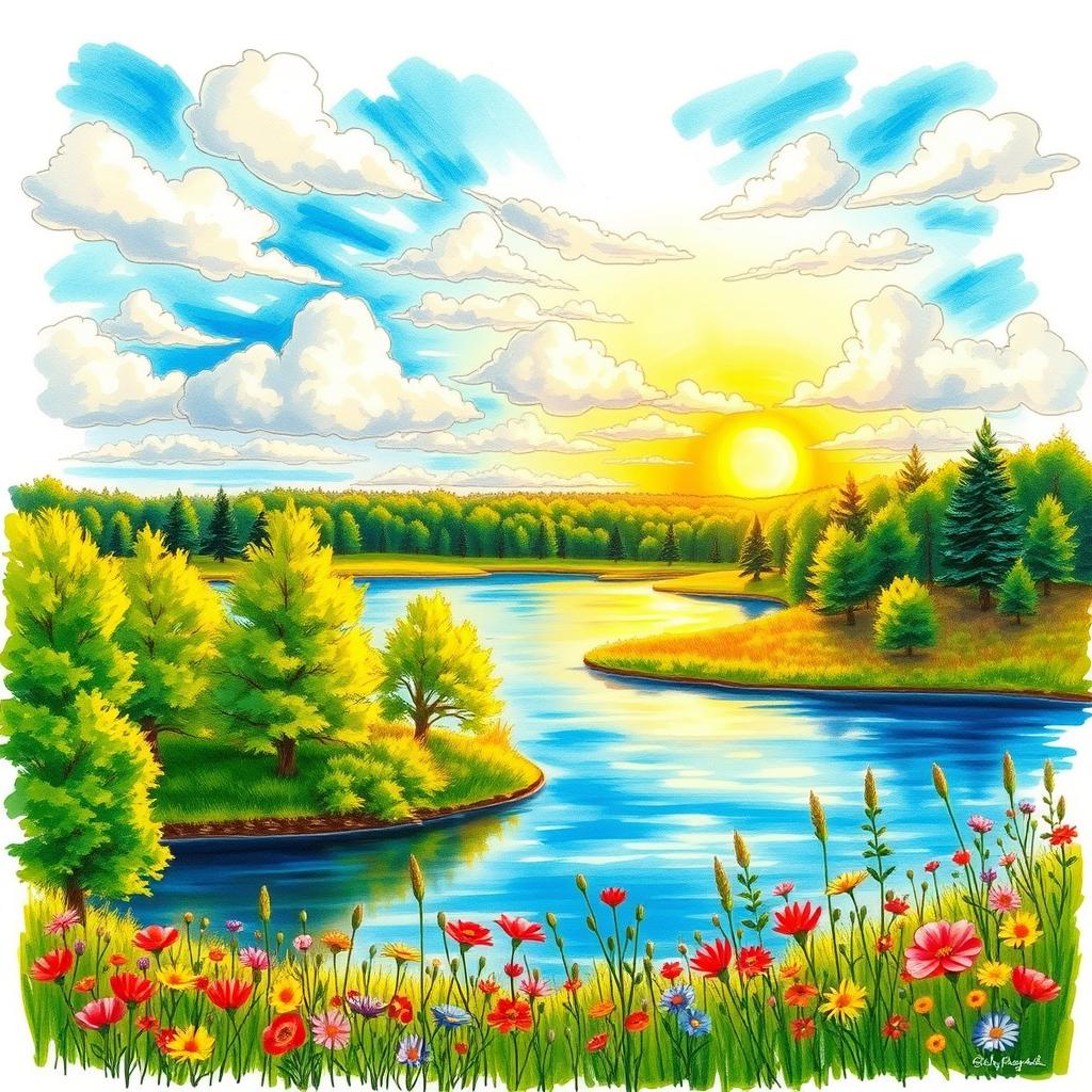 A beautifully colored sketch of a serene landscape featuring a tranquil lake surrounded by lush green trees, vibrant wildflowers, and a bright blue sky filled with fluffy white clouds