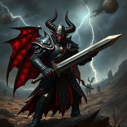 A menacing tiefling paladin with dark, crimson skin, sharp horns protruding from a tarnished silver helm, wielding a wicked-looking longsword