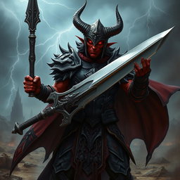 A menacing tiefling paladin with dark, crimson skin, sharp horns protruding from a tarnished silver helm, wielding a wicked-looking longsword